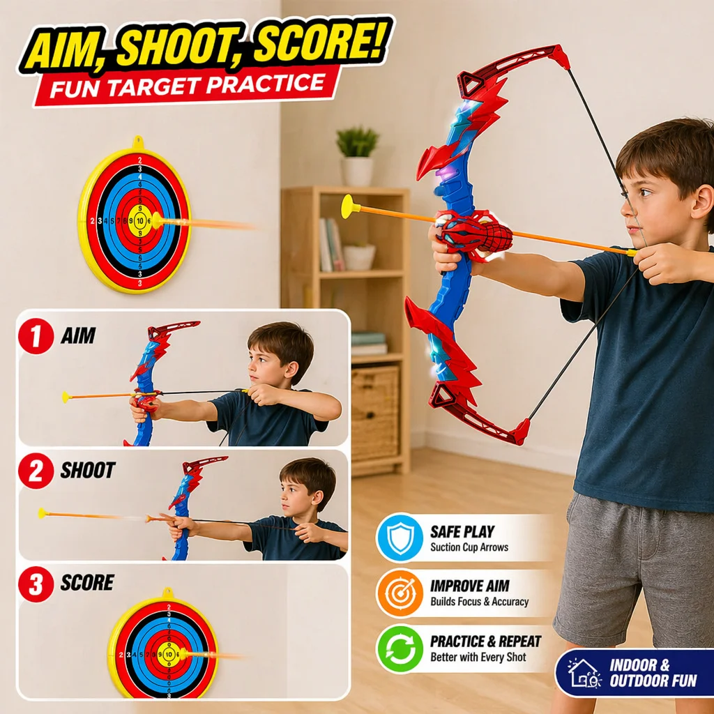 Set di arco e frecce con luci LED, 1 set, 10 frecce morbide con ventosa, bersaglio e torcia, giocattolo da tiro all'aperto per bambini, regalo di compleanno - immagine 5