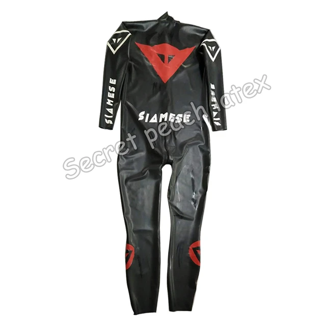 Latex Catsuit Rot WeiB Schwarz Gummi Racing Suit Zipper Overall Bodysuit  S-XXL