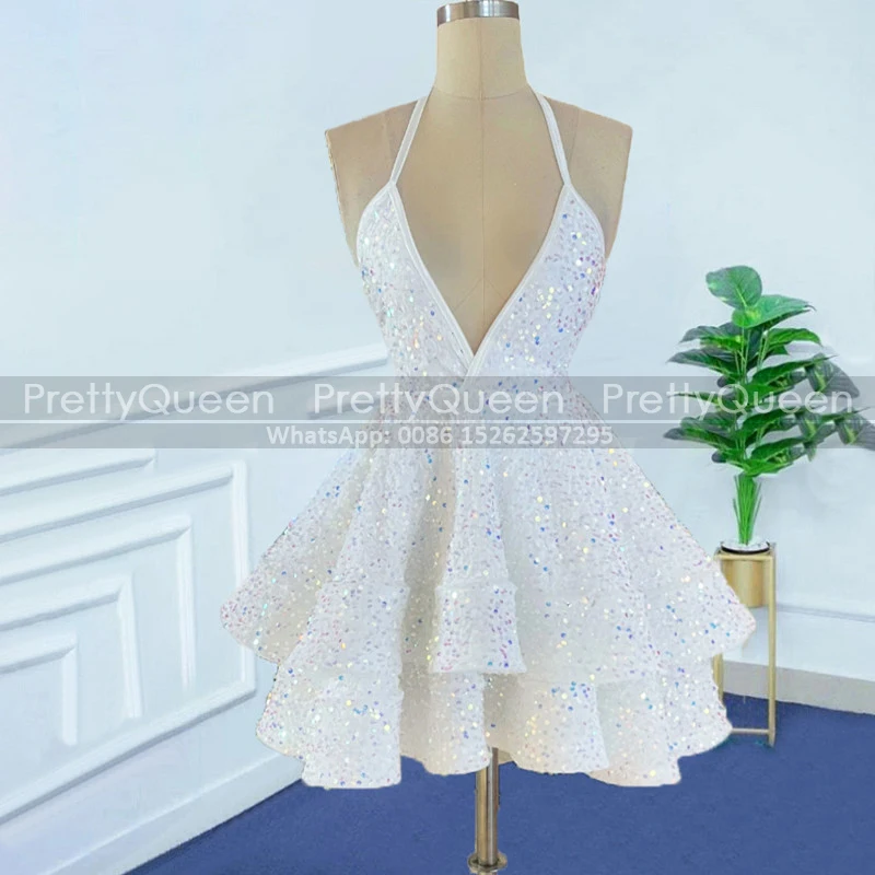 

White Sequins Tiered A Line Short Prom Dresses Plunging Neck Spaghetti Straps Sleeveless Mini Party Dress For Women