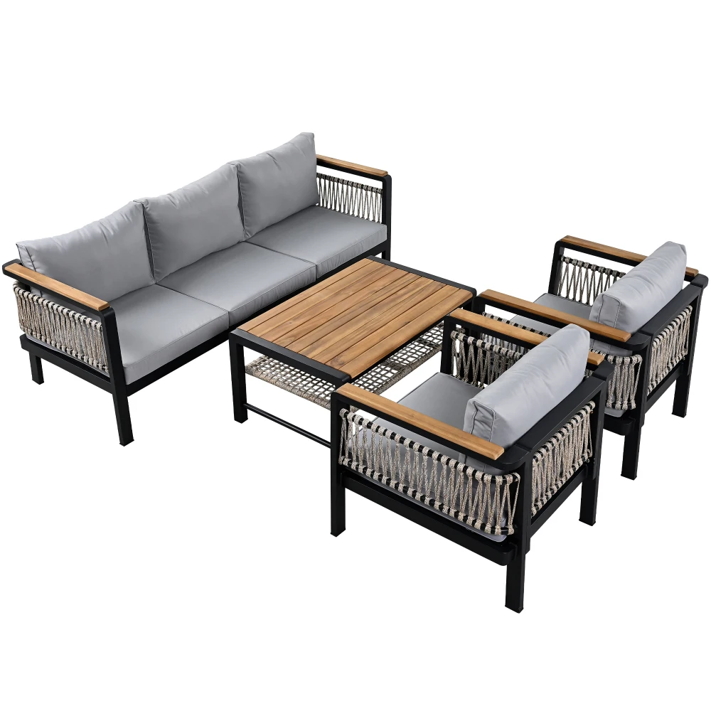 4 Pieces Outdoor Sectional Sofa Set 5-person Patio Seating Group Outdoor Cnversation Set with Cushions and a Coffee Table