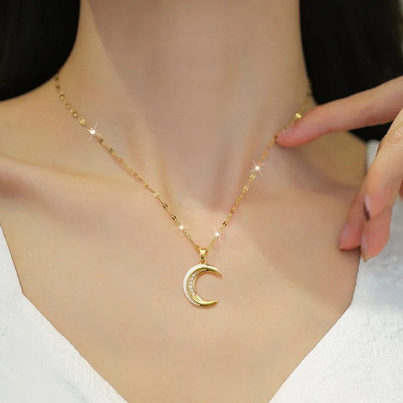 Women's Golden Moon Crescent Enamel Pendant Choker Necklaces for Women Bride Luxurious Charming Stainless Steel Jewelry Gifts 2