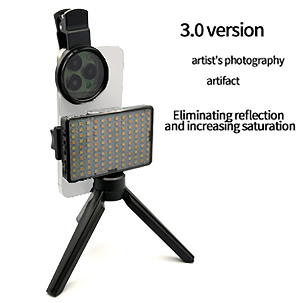 스마트폰 셀카 조명 2700K-6400K LED 조명, 충전식 휴대폰 필 라이트, 휴대용 삼각대 스탠드 포함, 52mm CPL 편광자