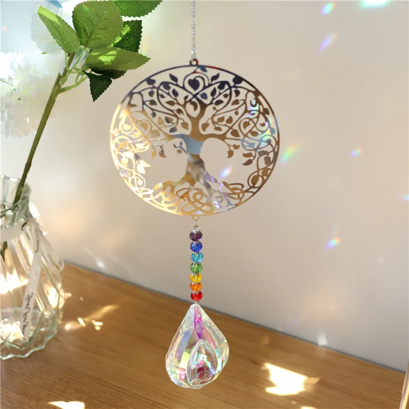 Tree of Life Suncatcher Crystal Rainbow Catcher Garden Decoration Rainbow Maker Silver Prism Window Pendant Xmas Gift New