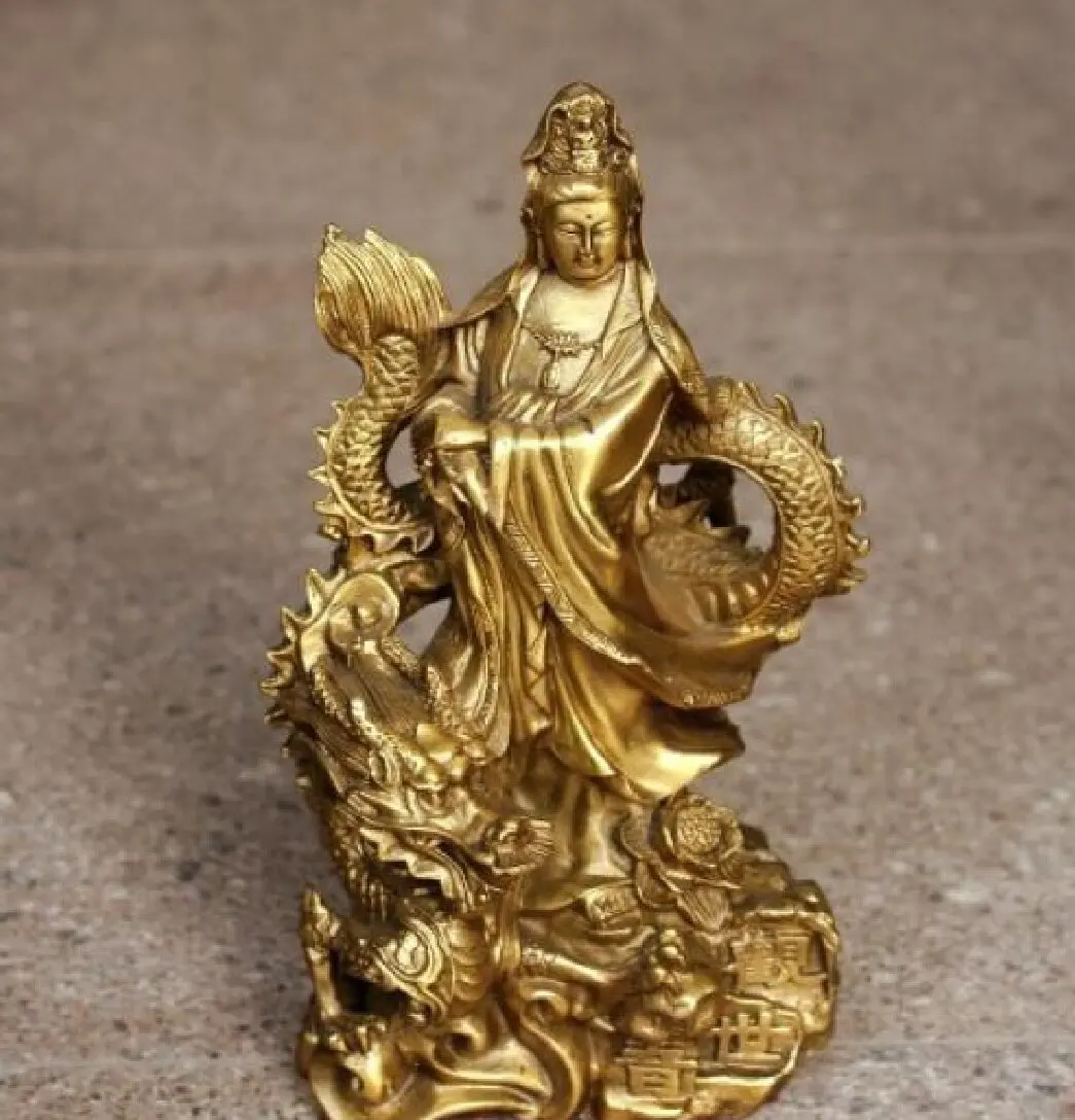 

Exquisite Buddhism Brass Copper Kwan-yin Guanyin Bodhisattva Ride Dragon Statue