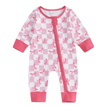 Neonato ragazza ragazzo pagliaccetti vestiti autunnali farfalla/fiocco stampa manica lunga O collo Zip-up tute per neonati vestito 0-12M
