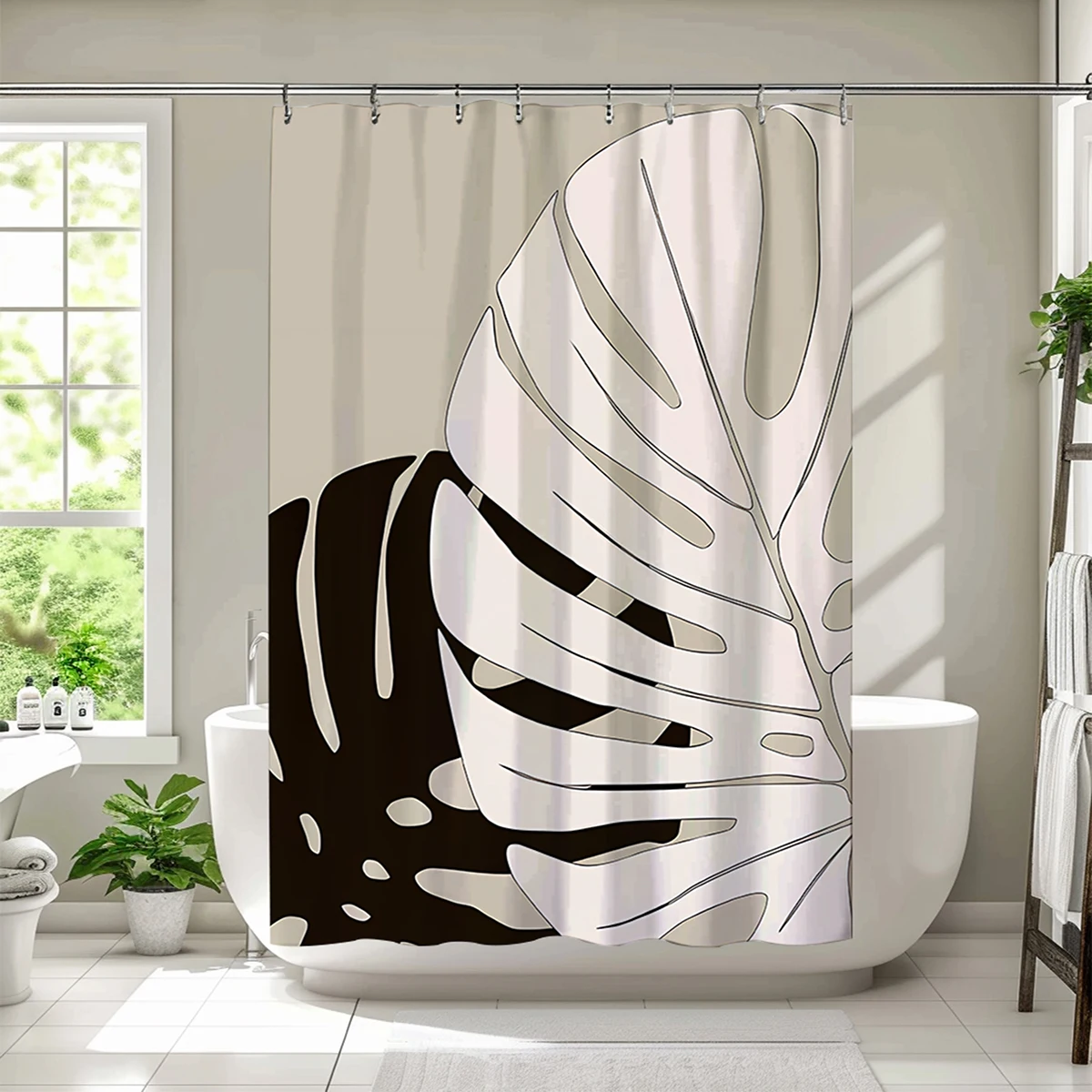 흑백 잎 패턴 폴리에스터 소재 샤워 커튼, 방수 원단, 두꺼운 몰드 방지 파티션 커튼, 1 개