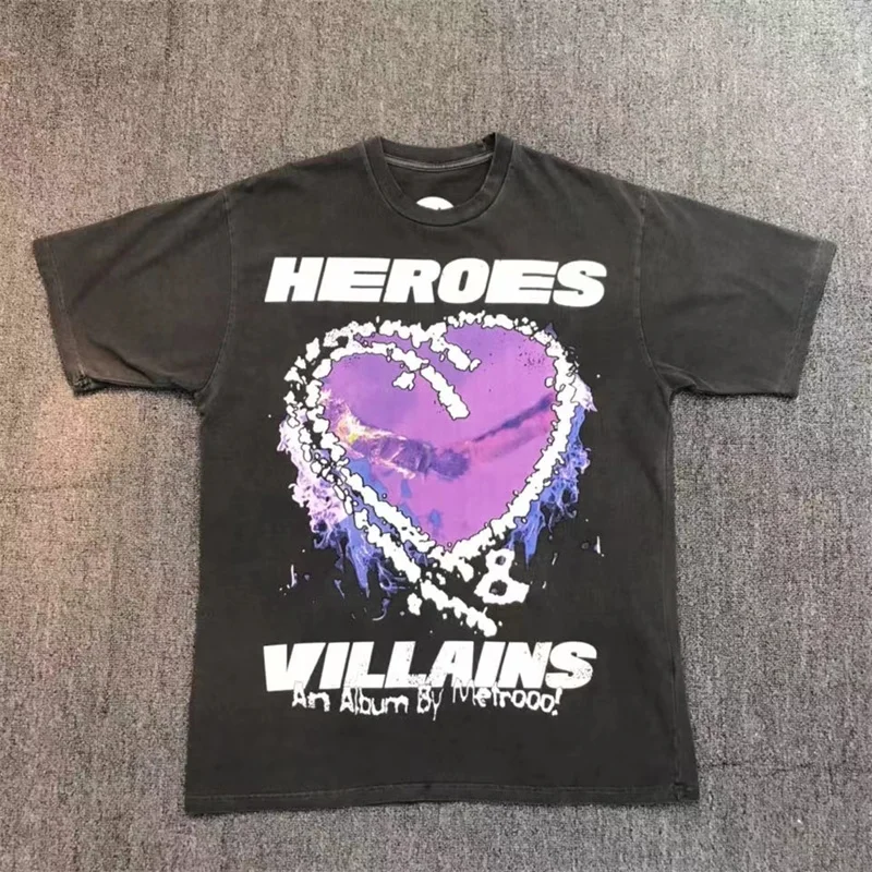 

Hellstar Extra Large Short Sleeve High Street Retro Wash Purple Heart Print Men's And Women's Top Short T