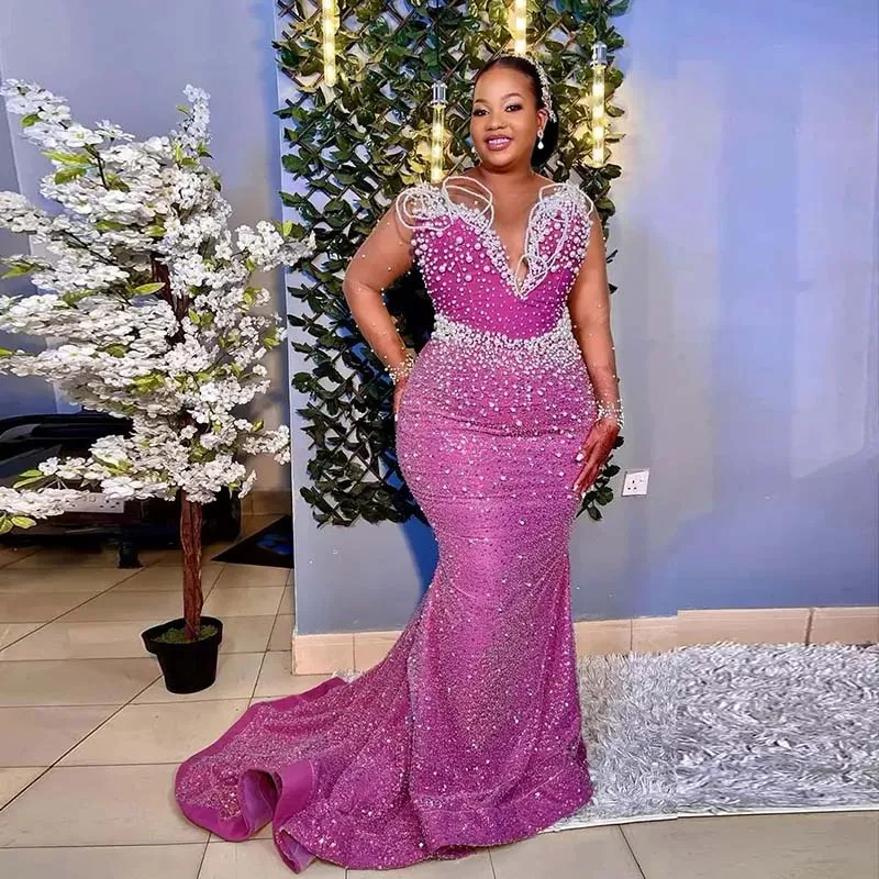 

Modern Pearls Beaded Aso Ebi Prom Dresses Sheer Long Sleeves Sequined Mermaid Evening Dress Plus Size African Party Dress Purple