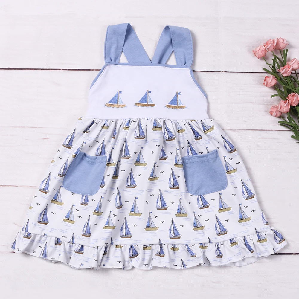 

Fashion Summer Girls Clothes With Seaboat Print Cotton Slip Dress Kids Bowknot Outfits Cool Camisole For 1-8T Children Suit