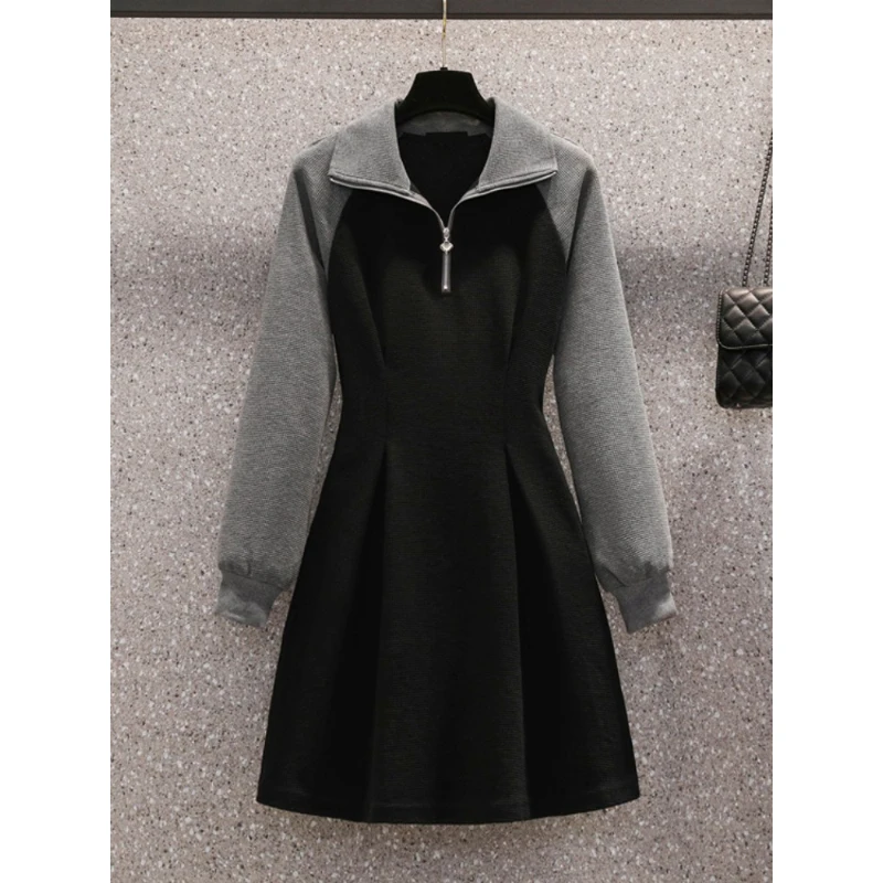 

Women's Dress Korean Style Contrast Color Patchwork Raglan Sleeve Half Zipper Turn Down Collar A-Line Office Lady Dresses