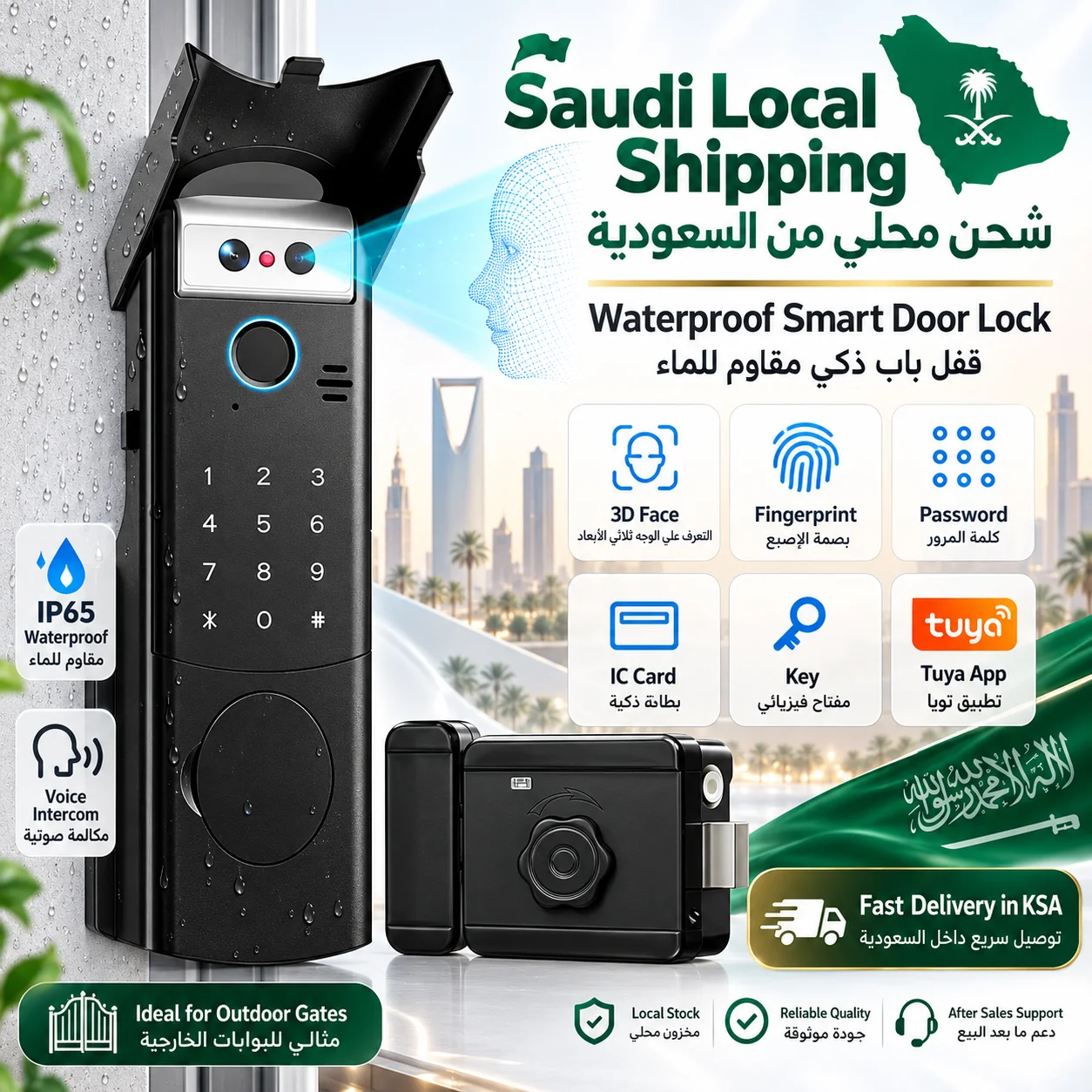 قفل باب ذكي ببصمة الوجه والإصبع Tuya WiFi مقاوم للماء