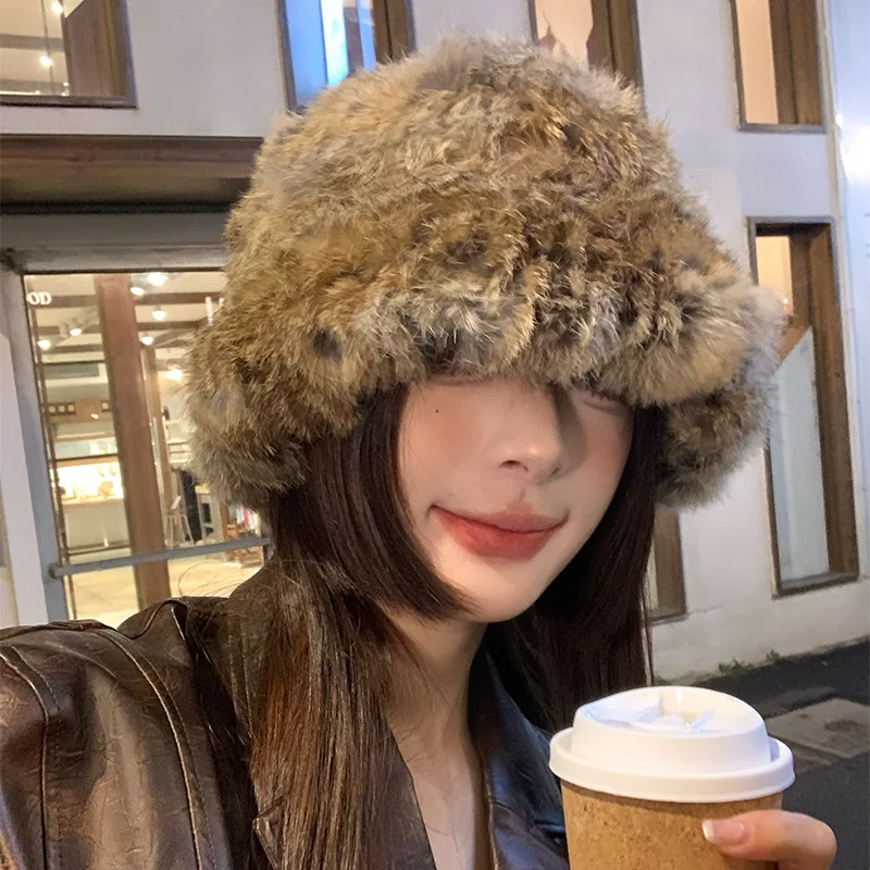 Rabbit Hair Hat Autumn and Winter Thickened Warmth and Cold Protection Hat Showy Face, Small Fur Ear Protection Fisherman's