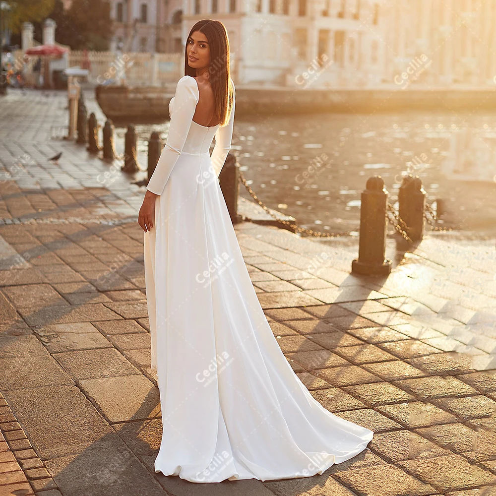 Modest Wedding Dresses Satin Bridal Gowns Full Sleeves Sweetheart Mermaid Sweep Train Robes Elegant Vestidos De Novia Customized 4