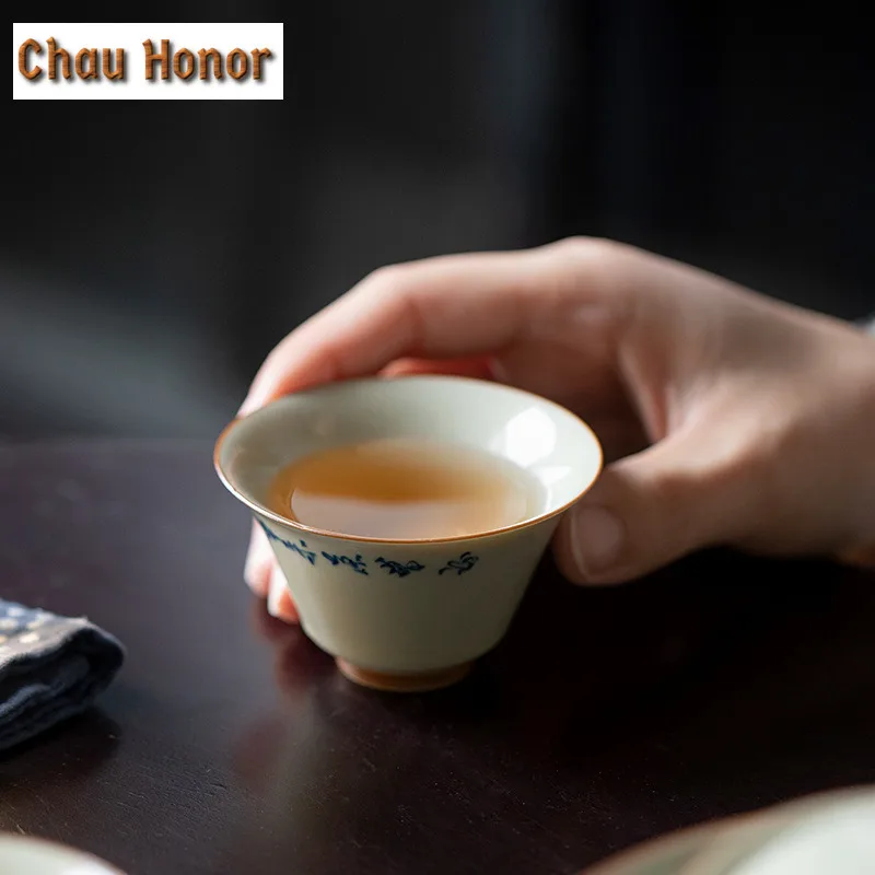 2pc/set 40ml Retro Pure Handwritten Cold Nights Ceramic Tea Cup Household Plant Ash Small Cup Chinese Master Crockery Single Cup