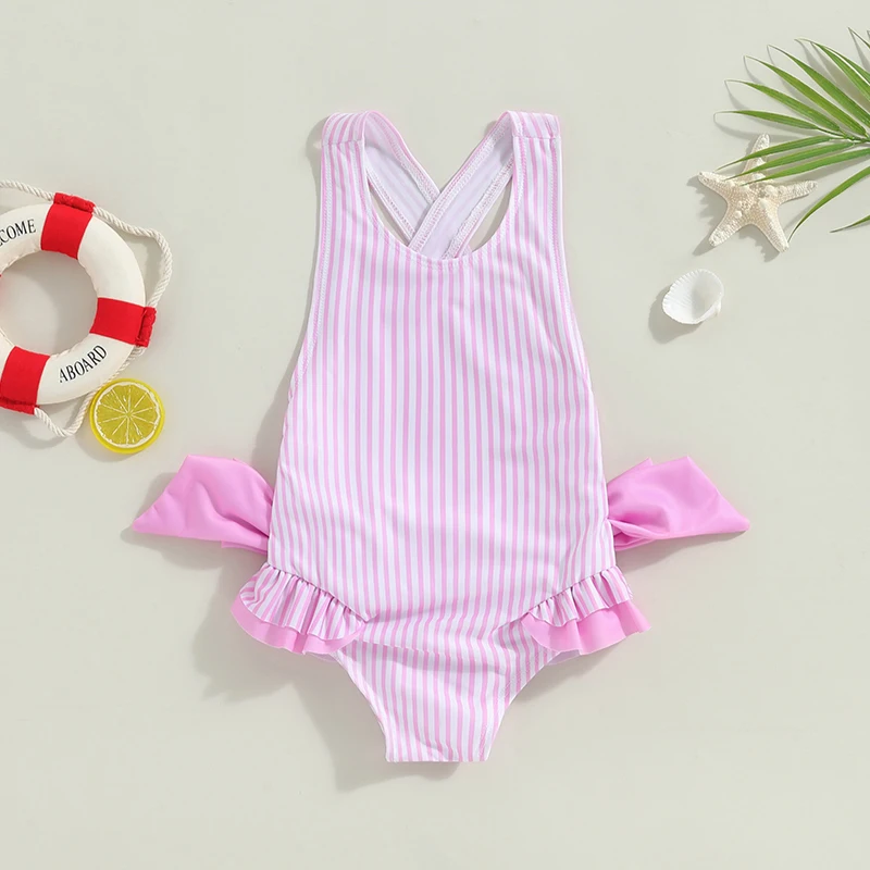 Toddler Girls Summer Swimsuit – Sleeveless Striped/Floral Print Bathing Suit for Kids Aged 1-6 Years Beachwear Swimwear