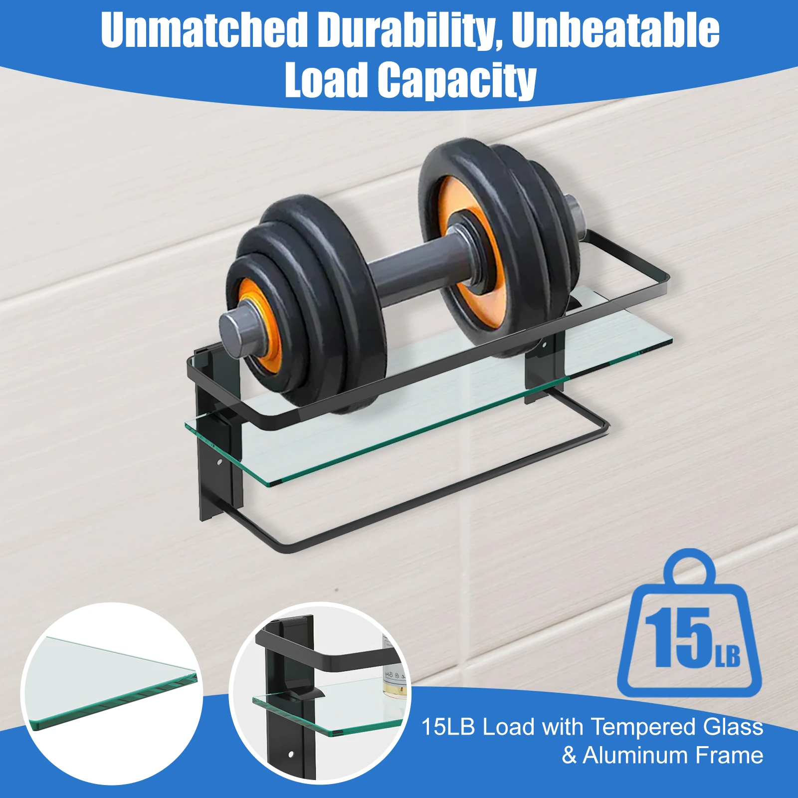 Glass Bathroom Shelf with Towel Bar 15.7in Bathroom Wall Shelves Rustproof Metal Bathroom Wall Organizer 2-Tier 3