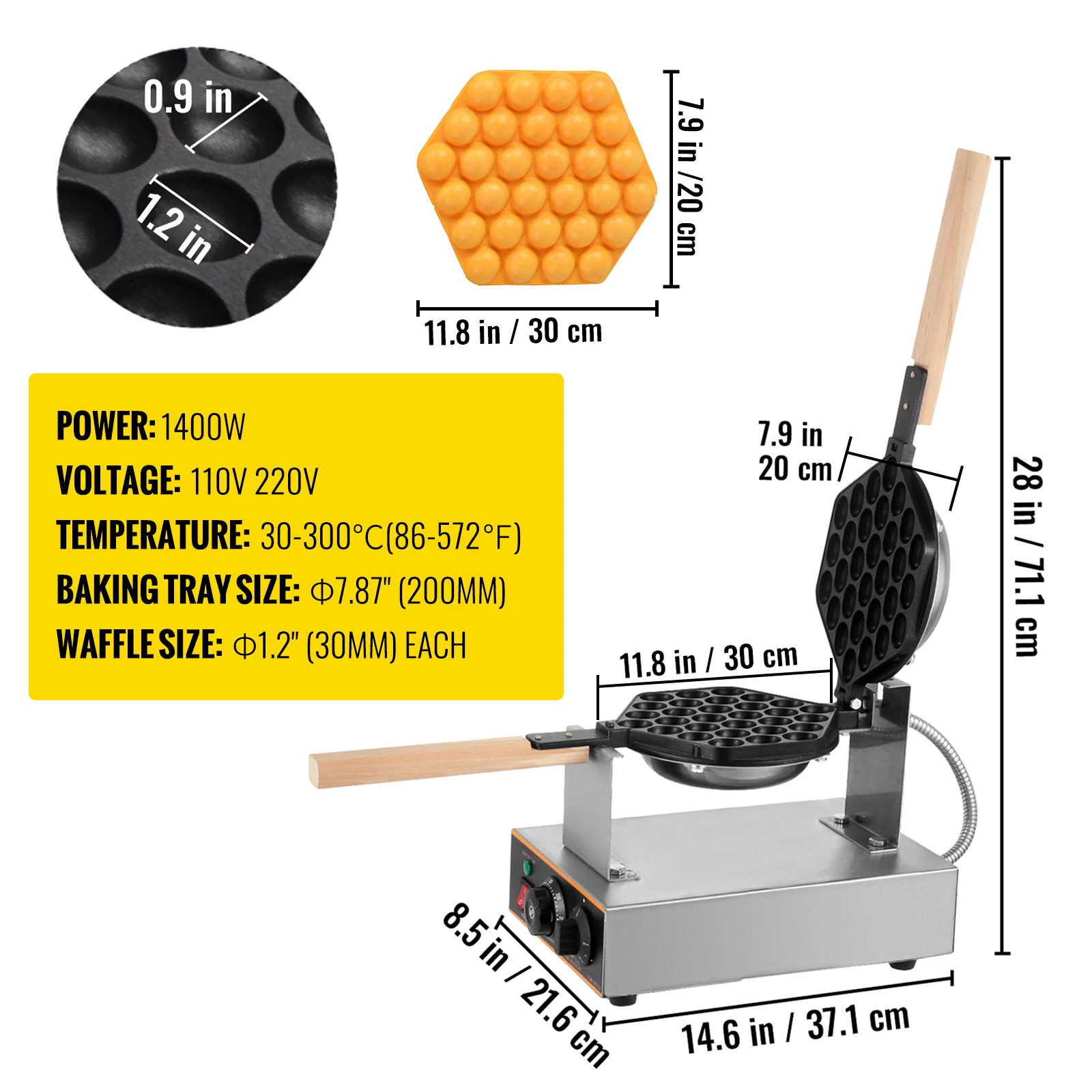 BuoQu Gofrera Máquina de Gofre de Acero Inoxidable para Hacer Gofres de Huevo Bubble Waffles Girario 180 Grado con Mango de Madera