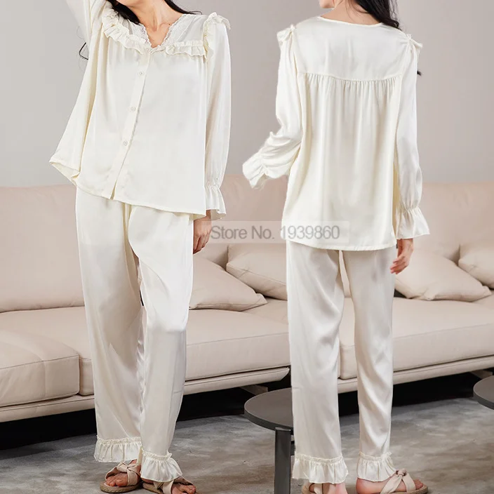 

Пижамный комплект из двух предметов для сна, летняя кружевная ночная рубашка с отделкой и штаны, костюм с V-образным вырезом, женская ночная рубашка, одежда для сна, повседневная домашняя одежда