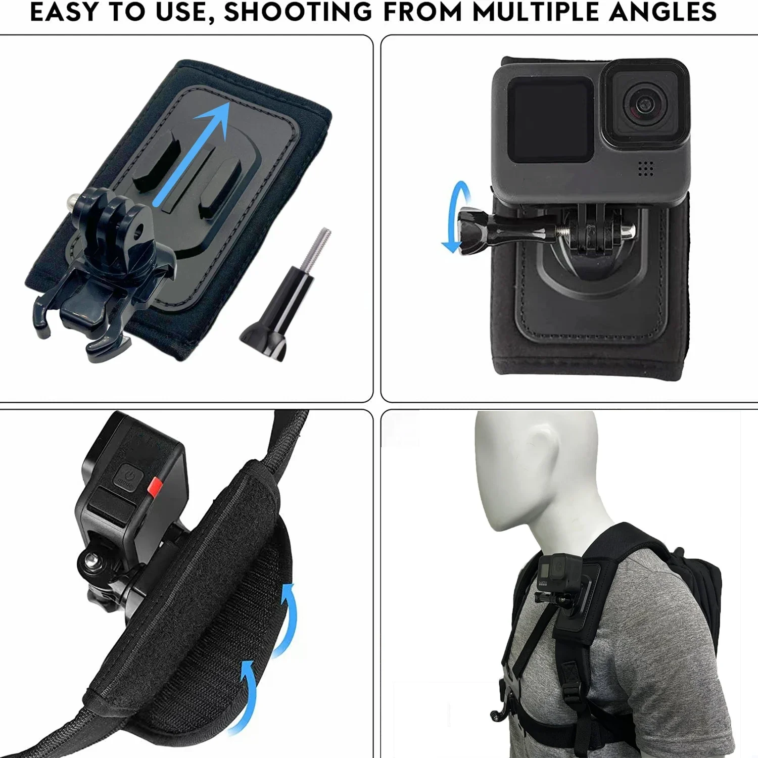 360° Rotation Backpack Strap Mount Holder for GoPro Hero 13 12 11 10 9 8 SJCAM AKASO insta360 DJI OSMO Action Camera Accessories