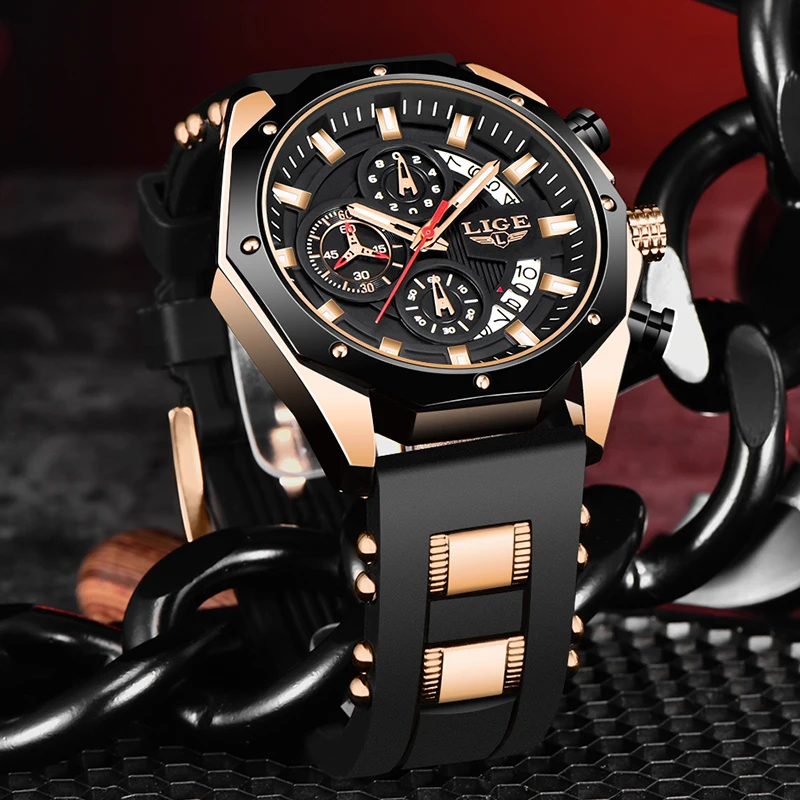 LIGE Business Silicone Watch For Men Fashion Military Sport Waterproof Men's Quartz Wristwatches Top Brand Luxury Big Watch Men