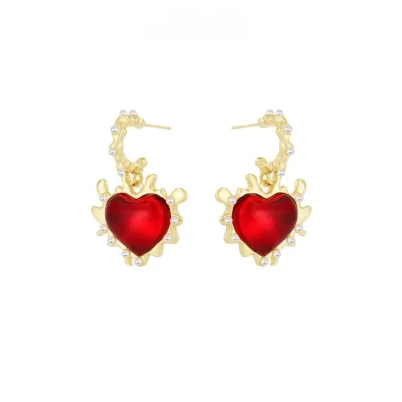 Pearl Earrings Red Flame Love Gold Earrings Female 2022 New Retro Palace Style