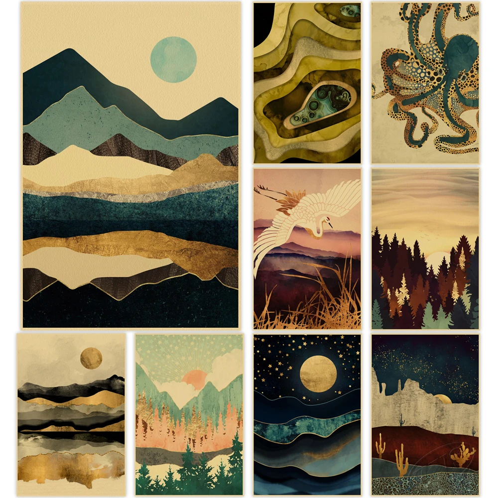 

Mountain Paintings Landscape Poster Classic Wall Art Prints Lake Kraft Paper Vintage Pictures Home Decoration Murals Kids Room