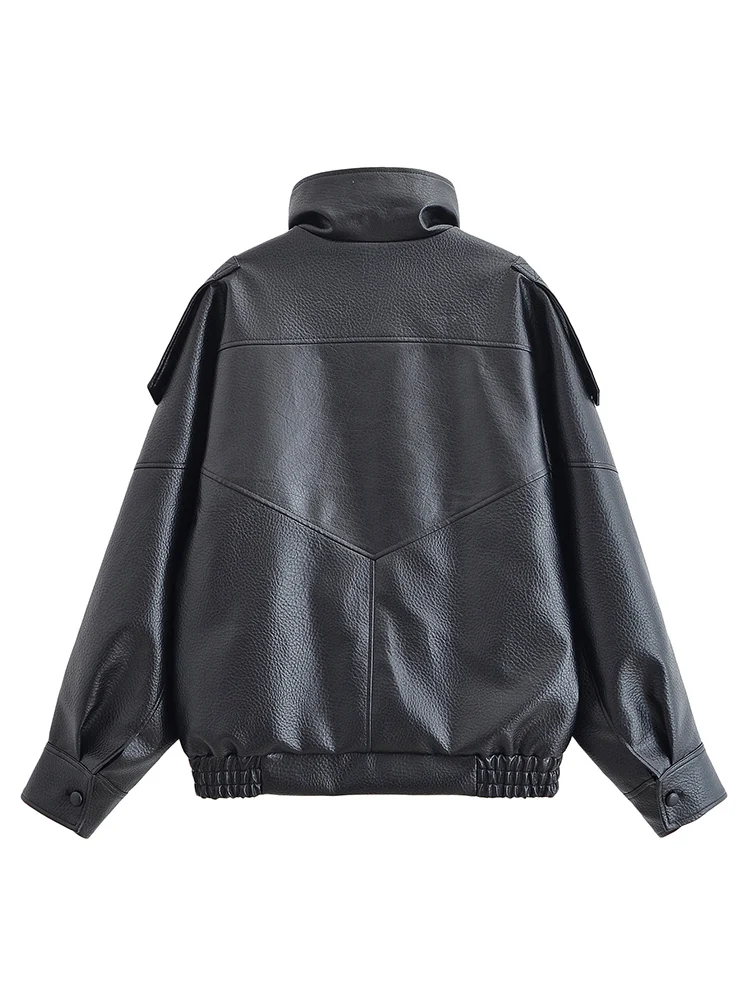 Autumn Women's Street Fashion Loose Leather Jackets For Women Long Sleeves Turtleneck Zipper With Pockets Vintage Coats