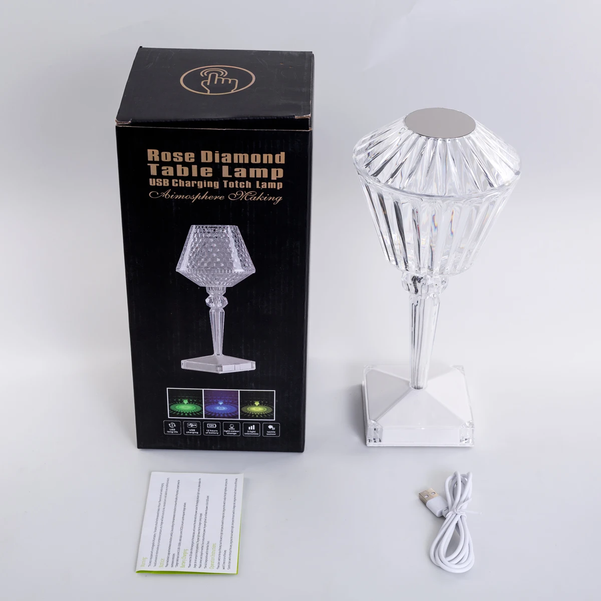 

3/16 Colors Touching Control Rose Crystal Lamp Bedside Table Bedroom Decoration LED Rechargeable Diamond Atmosphere Night Light
