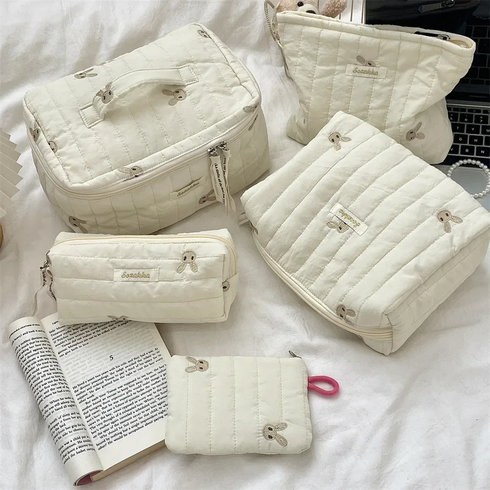 Quilted Embroidery Women's Cosmetic Bag Soft Cotton Fabric Ladies Make Up Case Storage Handbags College Girls Stationery Bags 2