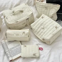 Quilted Embroidery Women's Cosmetic Bag Soft Cotton Fabric Ladies Make Up Case Storage Handbags College Girls Stationery Bags 2