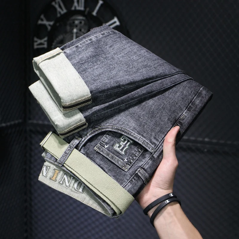 High-End Embroidery Soft Stretch Gray Jeans Men's Spring and Summer Trends Slim Fit Skinny Casual Skinny Pants