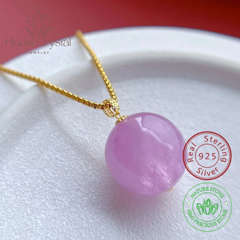 

7A Kunzite Natural bead 13mm ball Pendant real solid 18k Gold clasp 925 Sterling silver chain Fine Healing Jewellery for Women