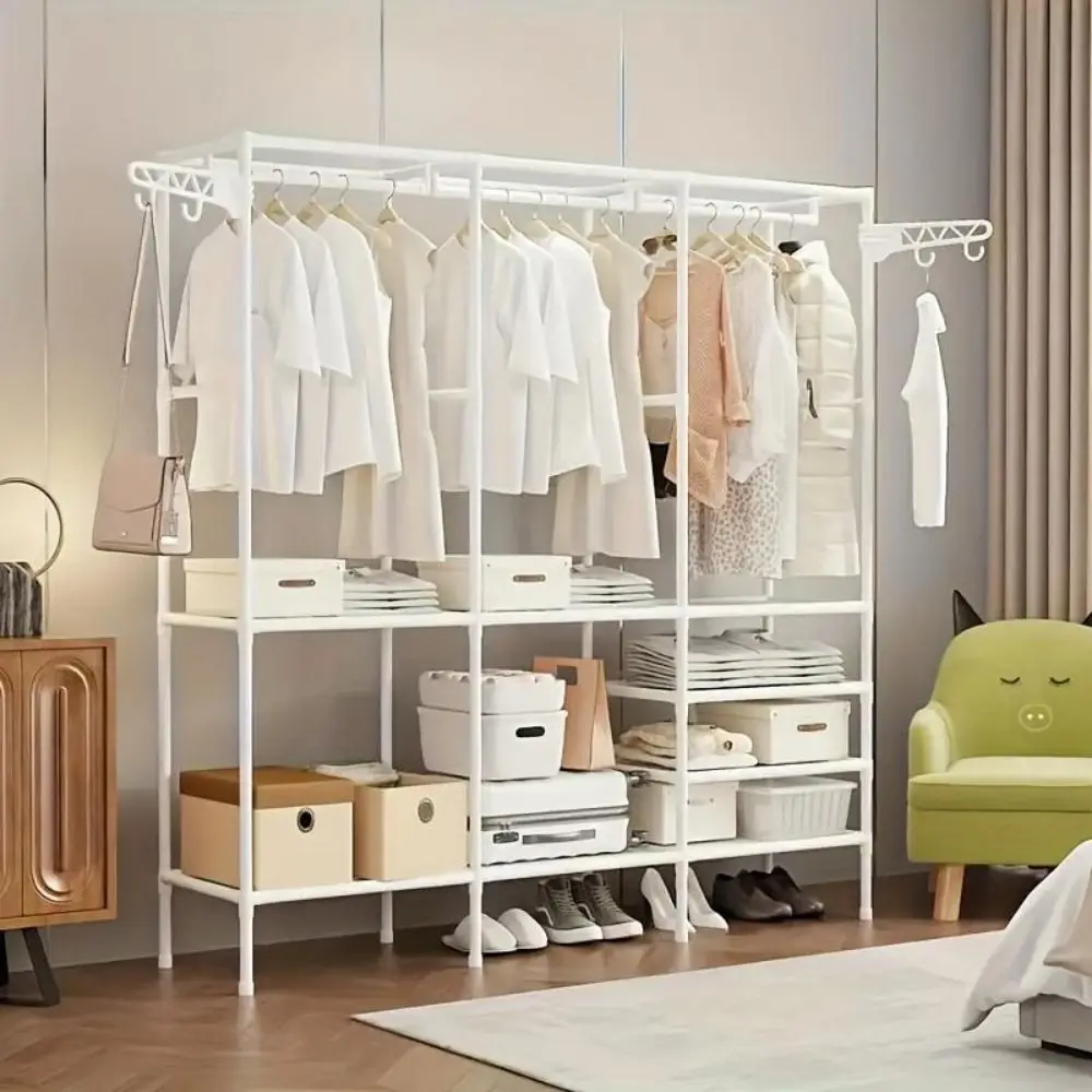 67x65x13.7" Metal Clothes Rack: Triple-Row, Black/White, Drying Area, Shoe & Accessory Space, Durable Plastic