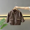 Boys Girls Zipper Jackets Children Brown PU Leather Lapel Collar Coats Korean Style Spring Autumn Breasted Toddler Cardigans