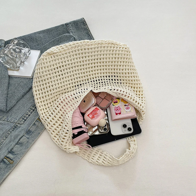 Solid Color Knitting Shoulder Bag Hollow Out Versatile Bohemian Crochet Tote Bag Large Capacity Casual Woven Handbag Women