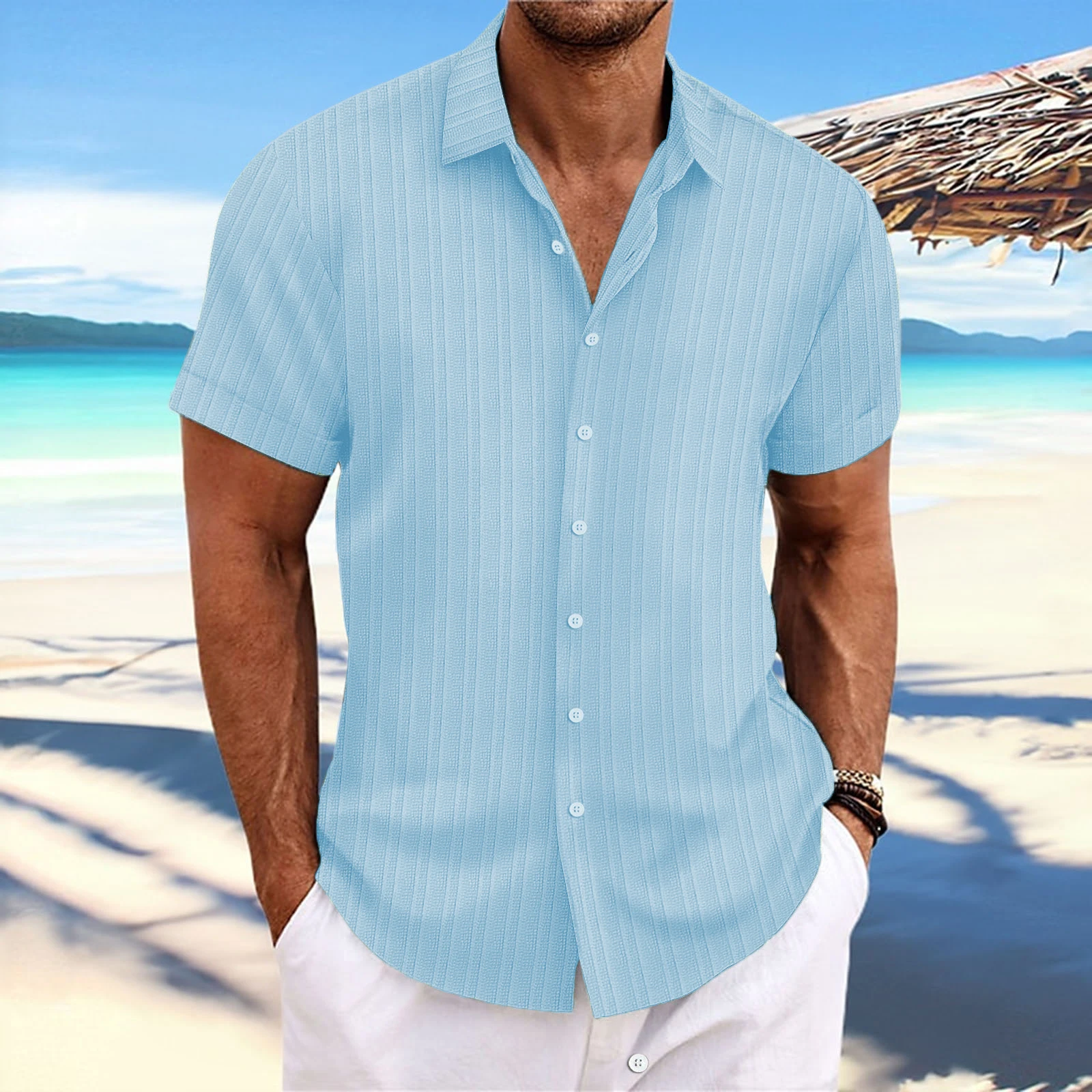 Summer 2024  Men's Loose Casual Trend Solid Color Cardigan Stripe Jacquard short-Sleeved Shirt 6