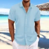 Summer 2024  Men's Loose Casual Trend Solid Color Cardigan Stripe Jacquard short-Sleeved Shirt 6