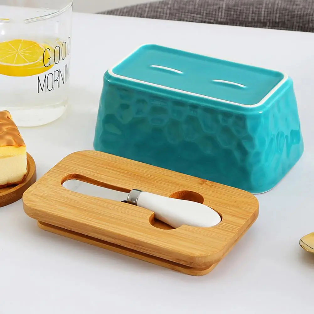 Ceramic Butter Dish Capacity Butter Pan Elegant Ceramics Dish with Wooden Lid Stainless Steel Cutter Capacity for Kitchen