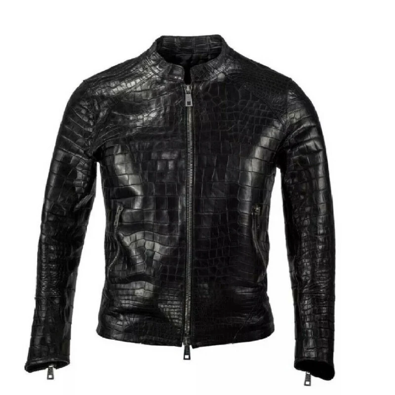 Men Real Leather Crocodile Emboss Jacket Biker Motorcycle Black