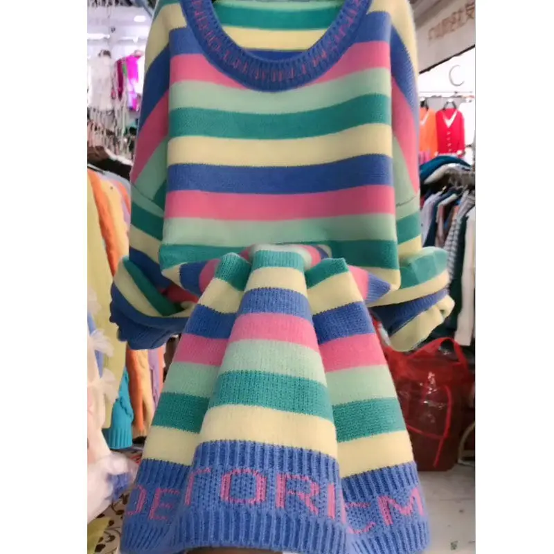 

2022 New Arrival Autumn Women Casual Loose Striped Knitting Dress All-matched Mid-calf Letter Print Long Dresses P699