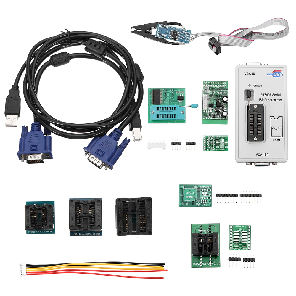 

Original RT809F programmer +12 Adapters+sop8 IC clip+CD+1.8V / SOP8 Adapter VGA LCD ISP programmer adapter universal programmer