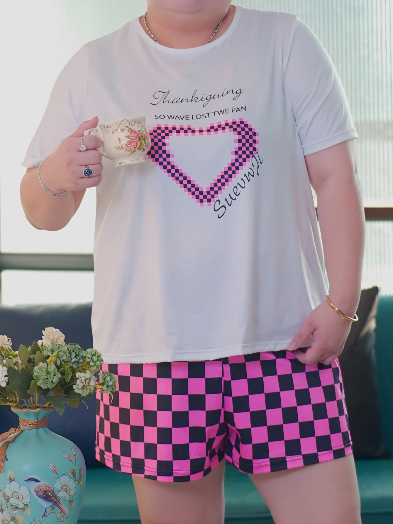 Plus size home suit, short sleeved shorts and long pants three piece set, plus size pajamas can be worn externally