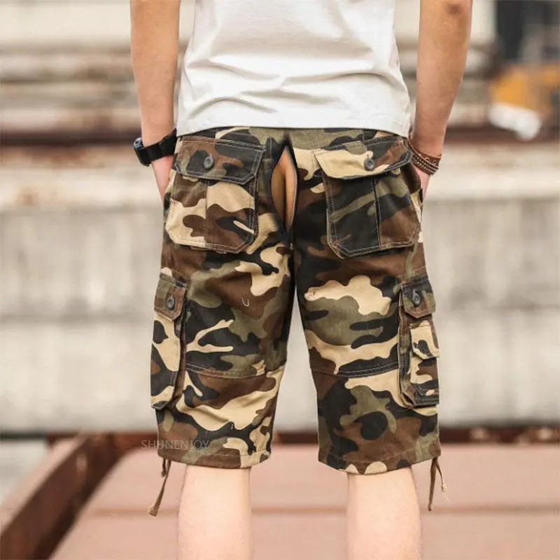 Summer Beach Pants Invisible Open-Seat Pants Casual Shorts with Pockets Sand Camouflage Cargo Pants Men's Clothing Outdoor Sex