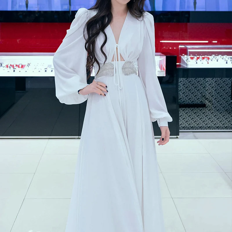 

Женское длинное вечернее платье, белое ажурное платье макси с рукавами-фонариками и глубоким V-образным вырезом, облегающее платье с бисером