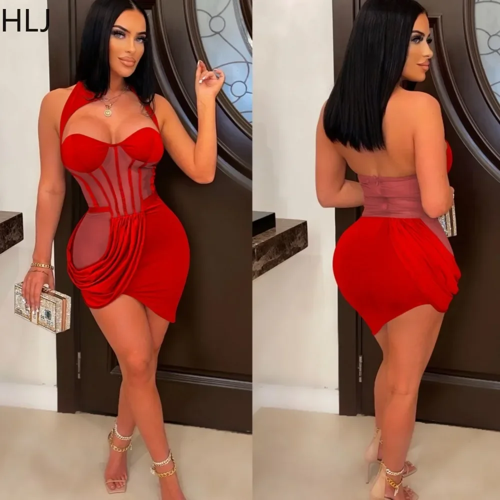 

HLJ Sexy Mesh Splicing Halter Bodycon Party Club Dresses Women Sleevless Ruched Mini Dress Fashion Solid Slim Irregular Vestidos