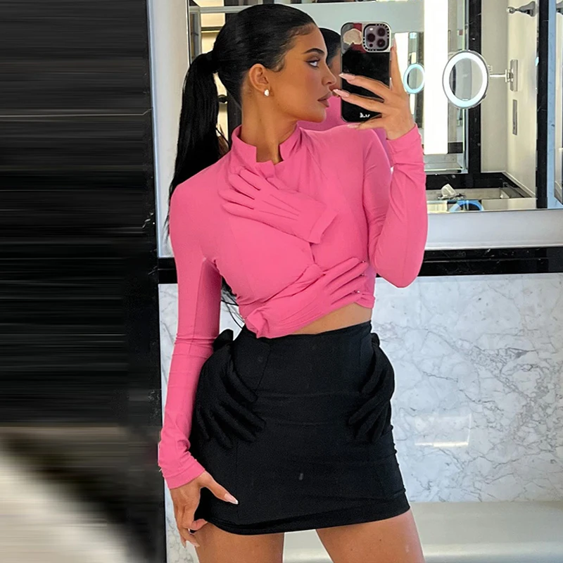 

Hugcitar Long Sleeves V Neck With Gloves Patchwork Irregular Crop Top Skirt 2 Pcs Set 2022 Fall Women Vacation Streetwear Outfit