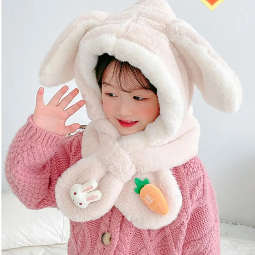 Lovely Bonnet Cold-proof Plush Scarf Integrated Cap Rabbit Ear Ear-flap Winter Cap Baby Scarf Hat Bomber Hat Two Piece Set