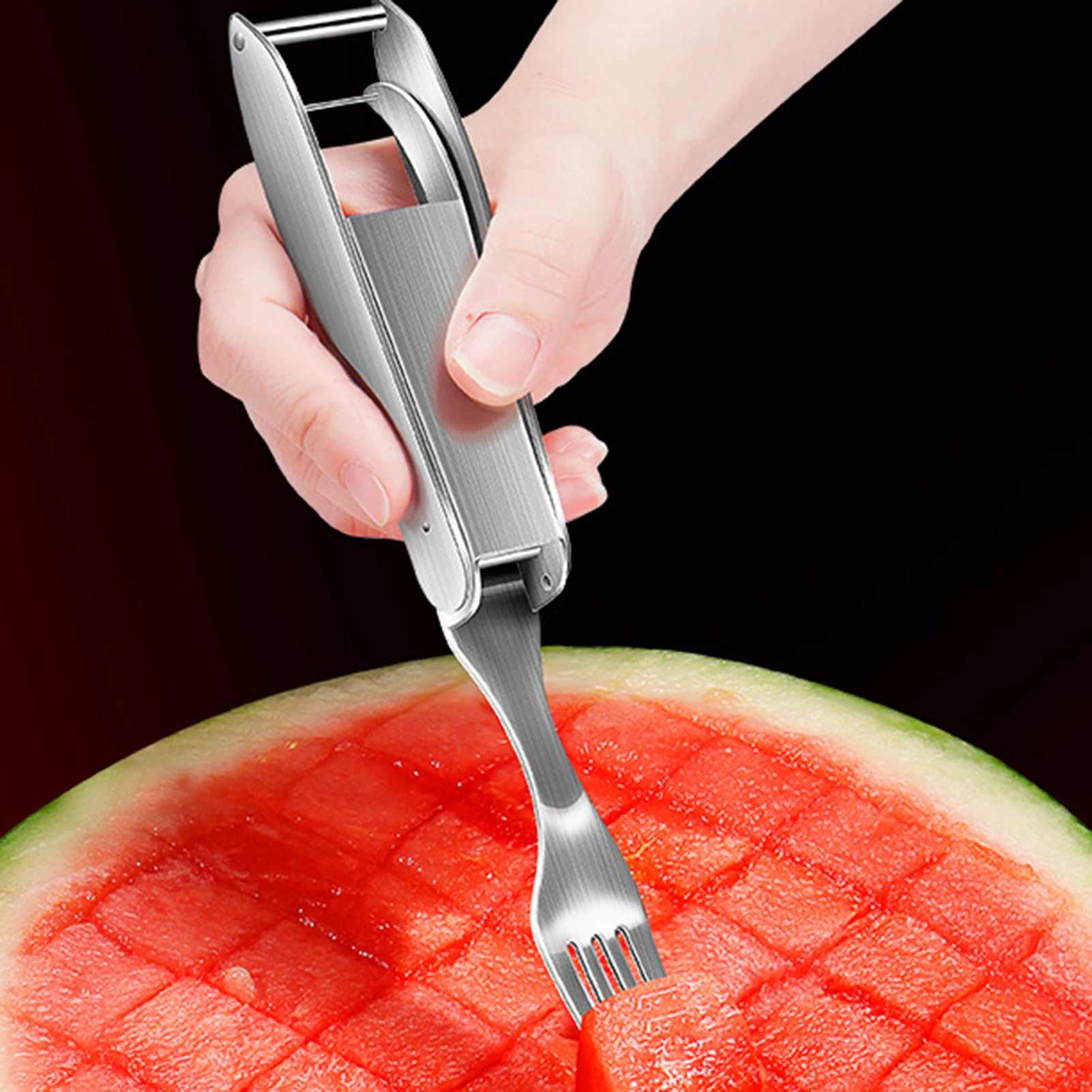 Stainless Steel 2 In 1 Watermelon Cutter Home Fruit Baller Divider Watermelon Dicing Fork Fruit Cutting Tool For Camping Picnics