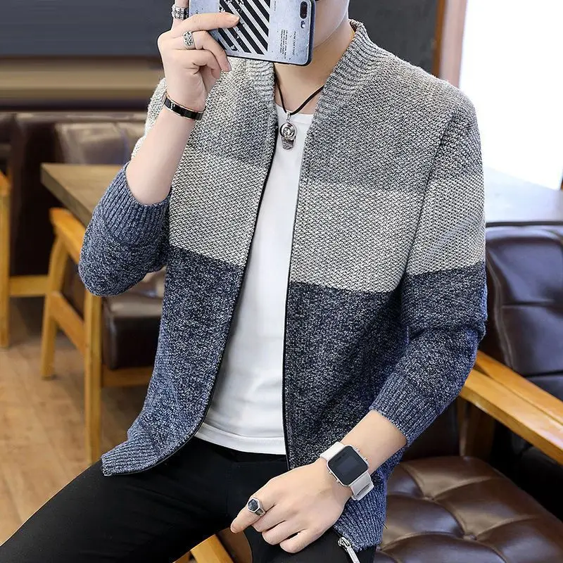 New Men's Clothing Knitted Stand Collar Long Sleeve Thick Autumn Winter Loose Fashion Casual Contrast Color Sweaters Cardigan