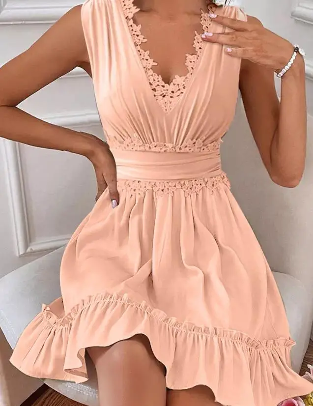 

Elegant Dresses for Women 2024 Spring Summer Lace Stitching Trim Ruffle Hem High Waist Casual A Line Ruffles Y2K Mini Dress